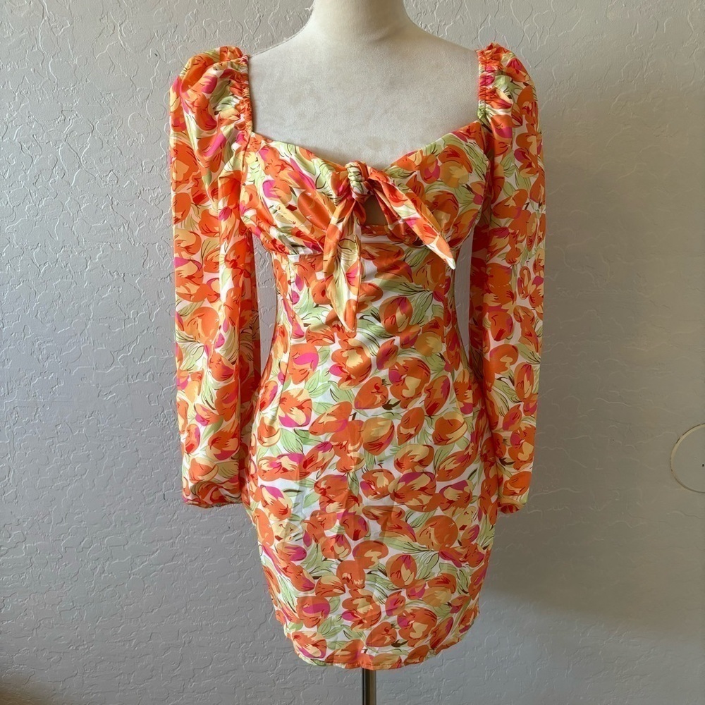 Cider Orange Floral Long Puff Sleeve Tie Front Mini Dress Resort Vacation Size S